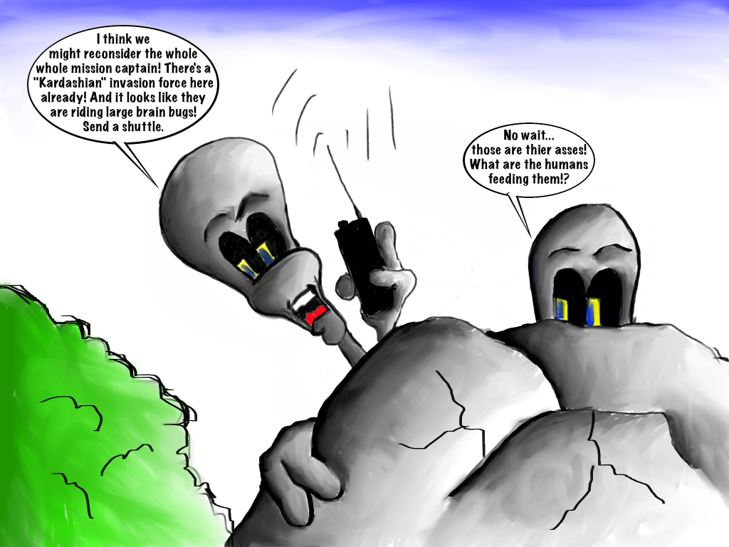 Grey aliens peering from behind a boulder